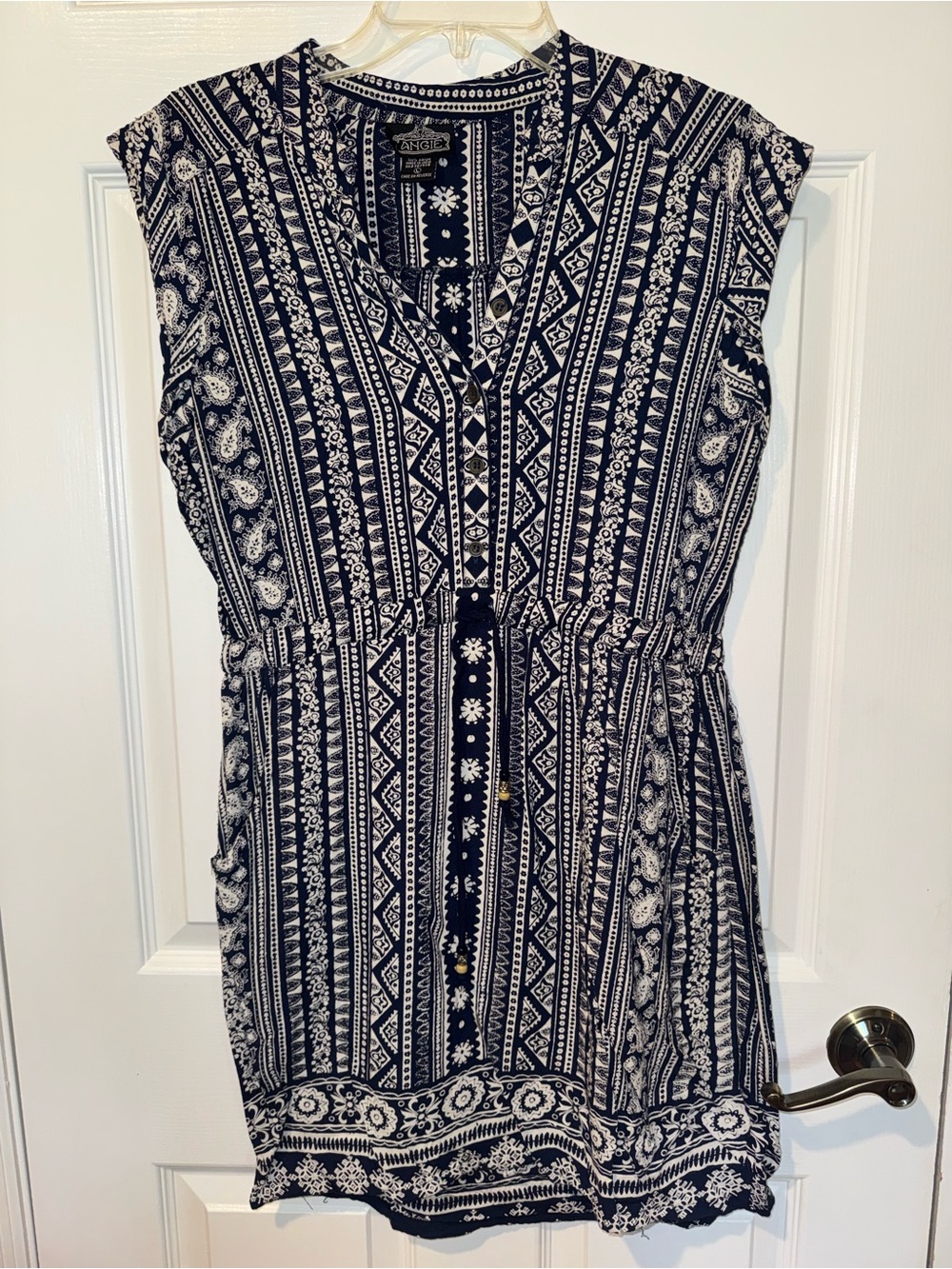 Angie Navy and White Boho Print Drawstring Mini Dress